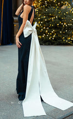 L2642 - Simple Satin Trumpet Round Sleeveless Empire Bowknot With Train Party Prom Evening Dress