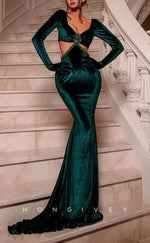 L2643 - Chic Satin Trumpet Bateau Long Sleeve Illusion Empire Beaded With Train Party Prom Evening Dress