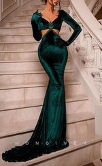 L2643 - Chic Satin Trumpet Bateau Long Sleeve Illusion Empire Beaded With Train Party Prom Evening Dress