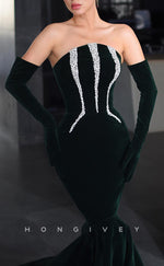 L2648 - Simple Satin Trumpet Strapless Beaded Gloves With Train Party Prom Evening Dress