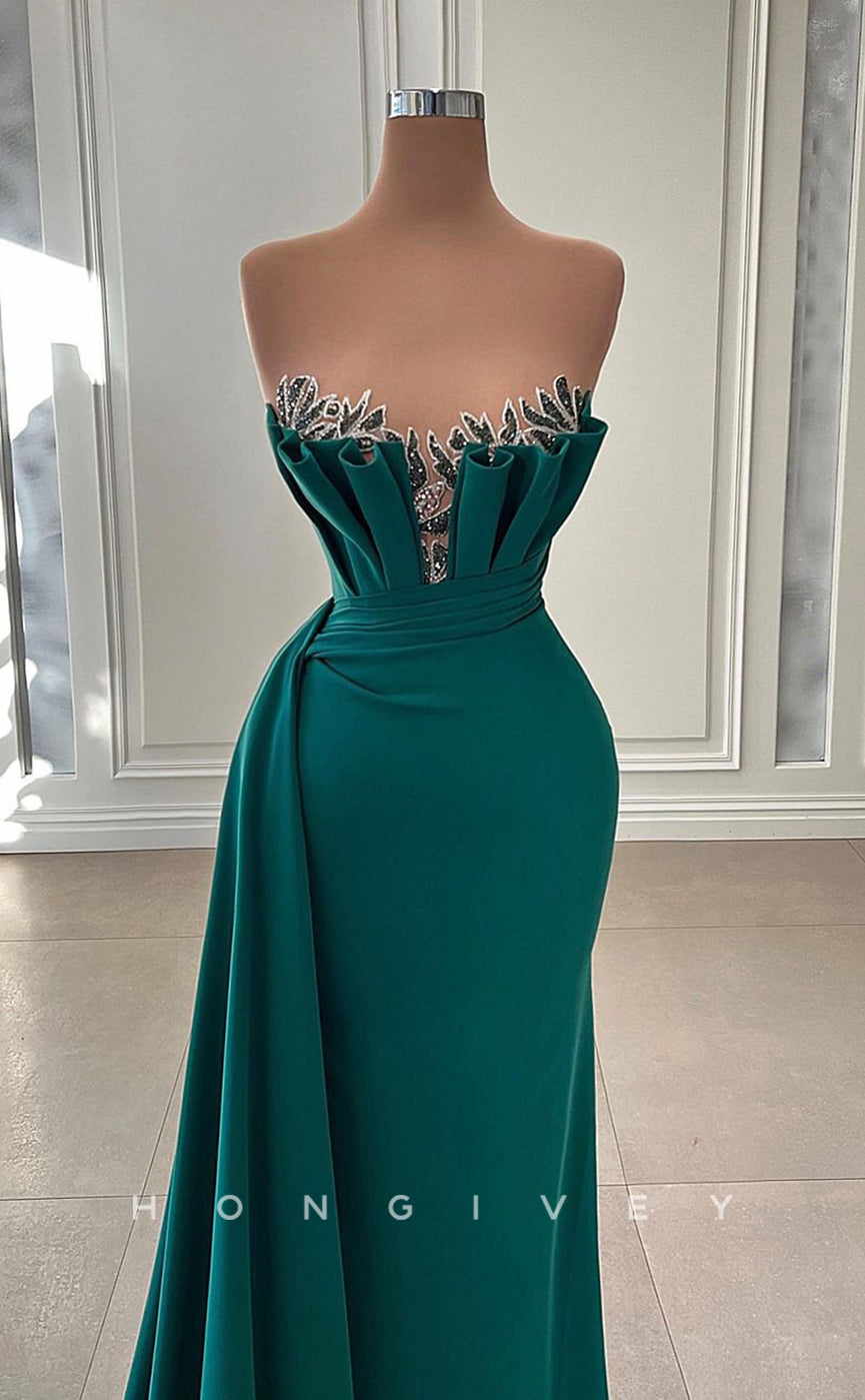 L2649 - Chic Satin A-Line Sweetheart Strapless Sleeveless Empire Beaded With Train Party Prom Evening Dress