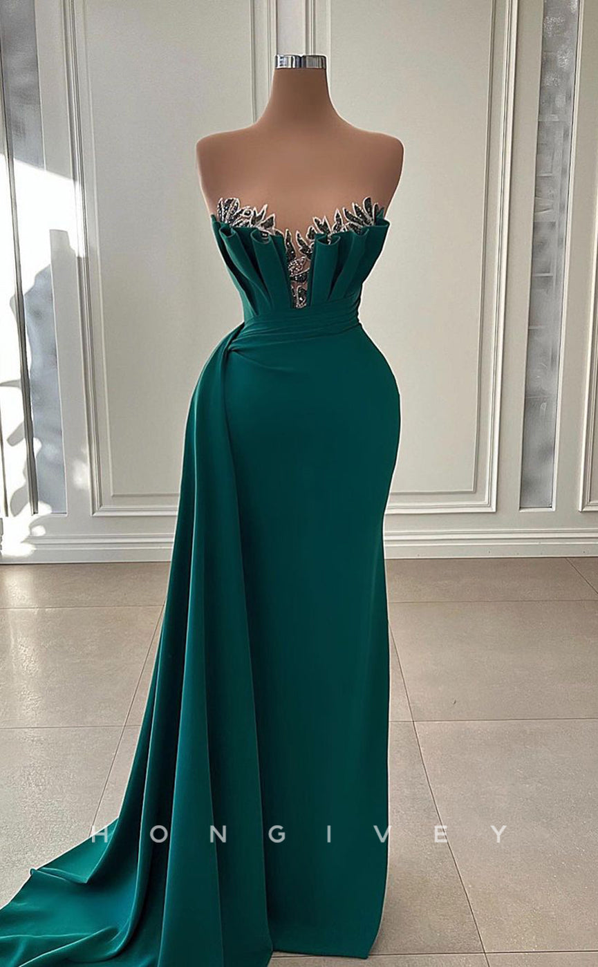 L2649 - Chic Satin A-Line Sweetheart Strapless Sleeveless Empire Beaded With Train Party Prom Evening Dress