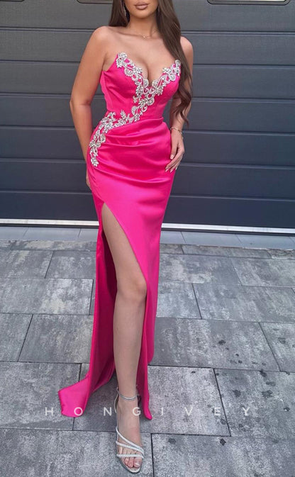 L2650 - Sexy Satin Fitted V-Neck Strapless Empire Beaded Appliques With Side Slit Party Prom Evening Dress