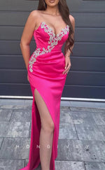 L2650 - Sexy Satin Fitted V-Neck Strapless Empire Beaded Appliques With Side Slit Party Prom Evening Dress