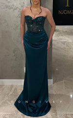 L2651 - Elegant Satin Fitted Sweetheart Strapless Beaded Pleats With Train Party Prom Evening Dress