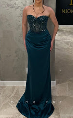 L2651 - Elegant Satin Fitted Sweetheart Strapless Beaded Pleats With Train Party Prom Evening Dress