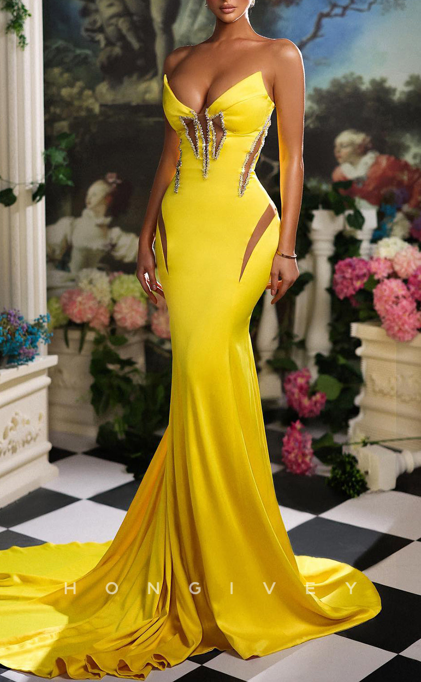 L2655 - Casual Satin Trumpet V-Neck Strapless Illusion Empire Beaded With Train Party Prom Evening Dress