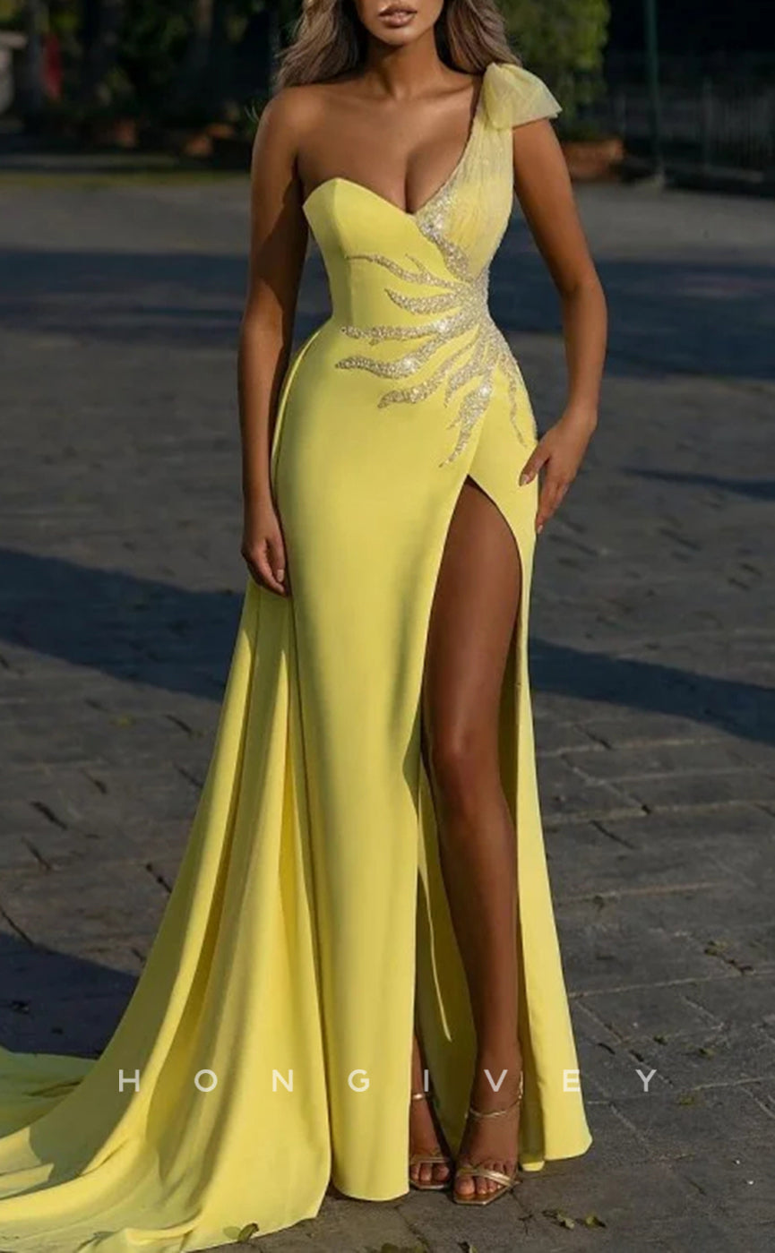 L2658 - Sexy Satin A-Line One Shoulder Empire Beaded Appliques With Side Slit Party Prom Evening Dress
