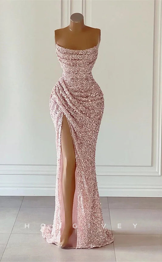 L1874 - Sexy Glitter Fitted Bateau Strapless Ruched Sequined With Side Slit Train Party Prom Evening Dress