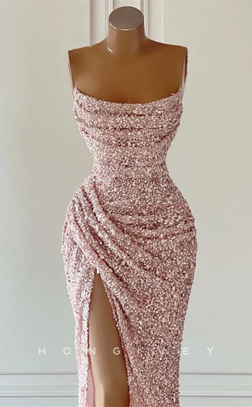 L1874 - Sexy Glitter Fitted Bateau Strapless Ruched Sequined With Side Slit Train Party Prom Evening Dress