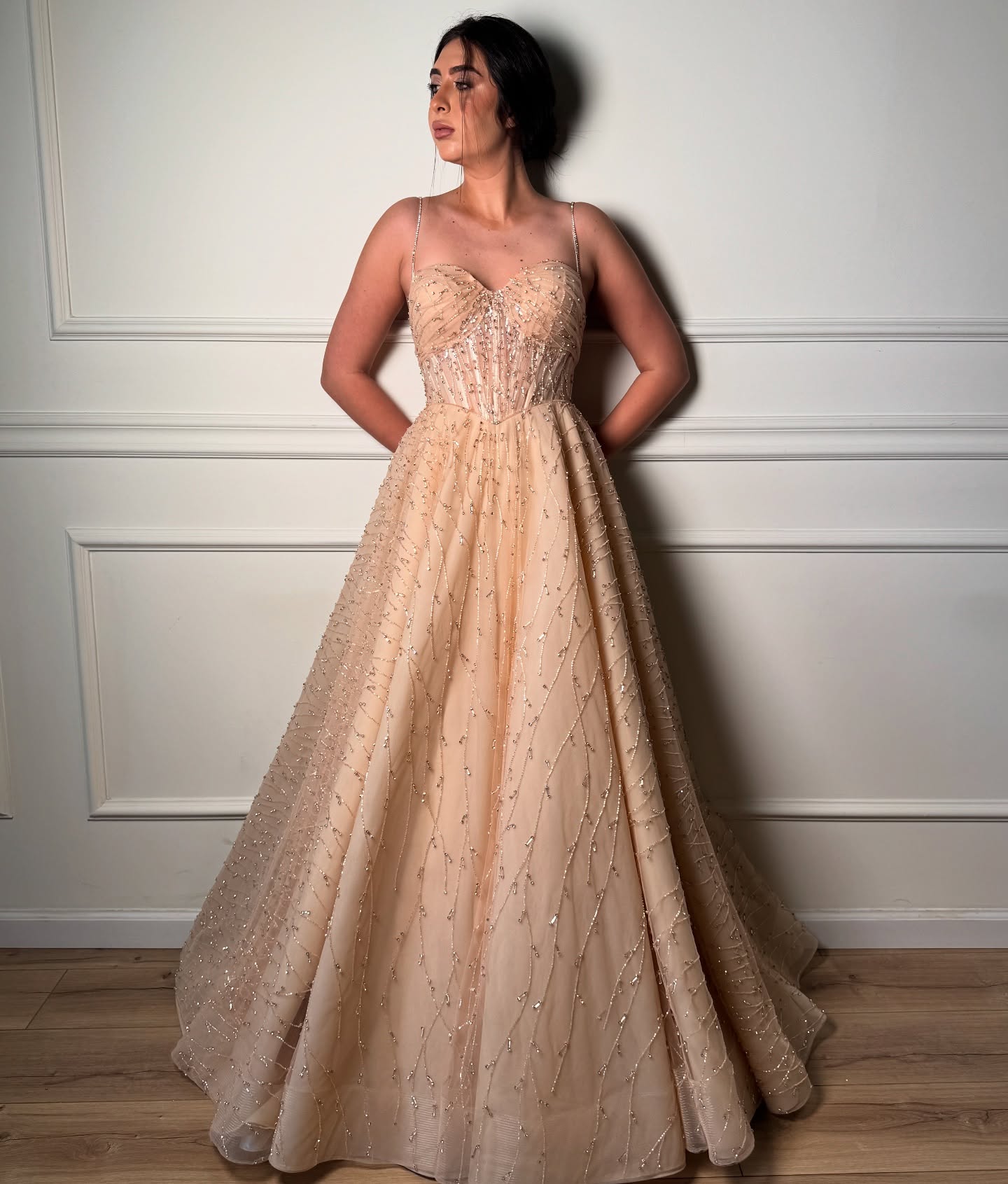 Spaghetti Straps A-Line Sparkle Sequins Beaded Evening Dress Floor-Length