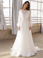 Long Sleeve Chiffon Backless A Line V Back See Through Wedding Dress