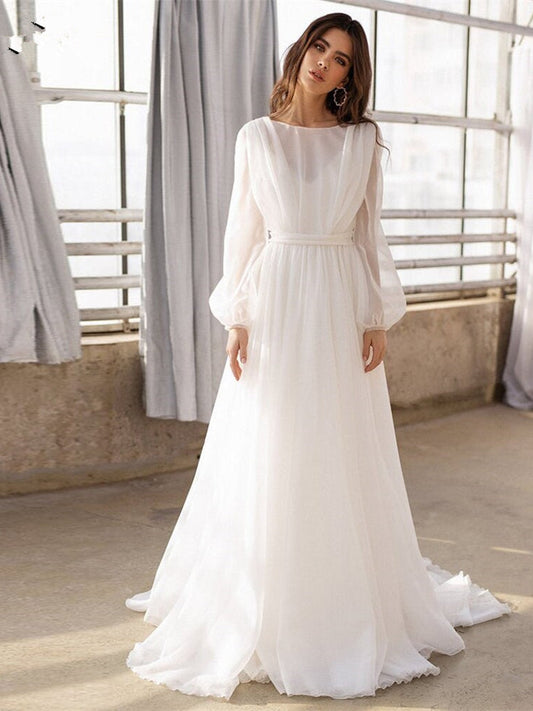 Long Sleeve Chiffon Backless A Line V Back See Through Wedding Dress