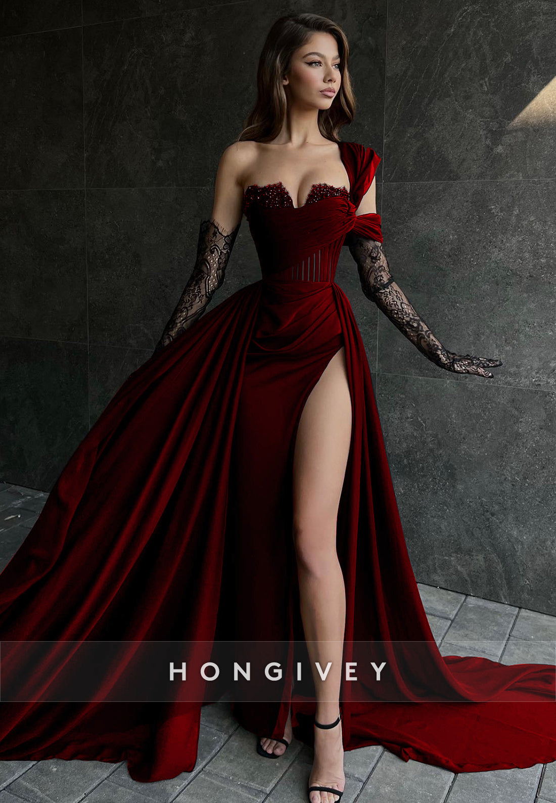 Sexy Illusion Asymmetrical Lace Sleeves With Train and High Slit Party Prom Formal Evening Dress Burgundy