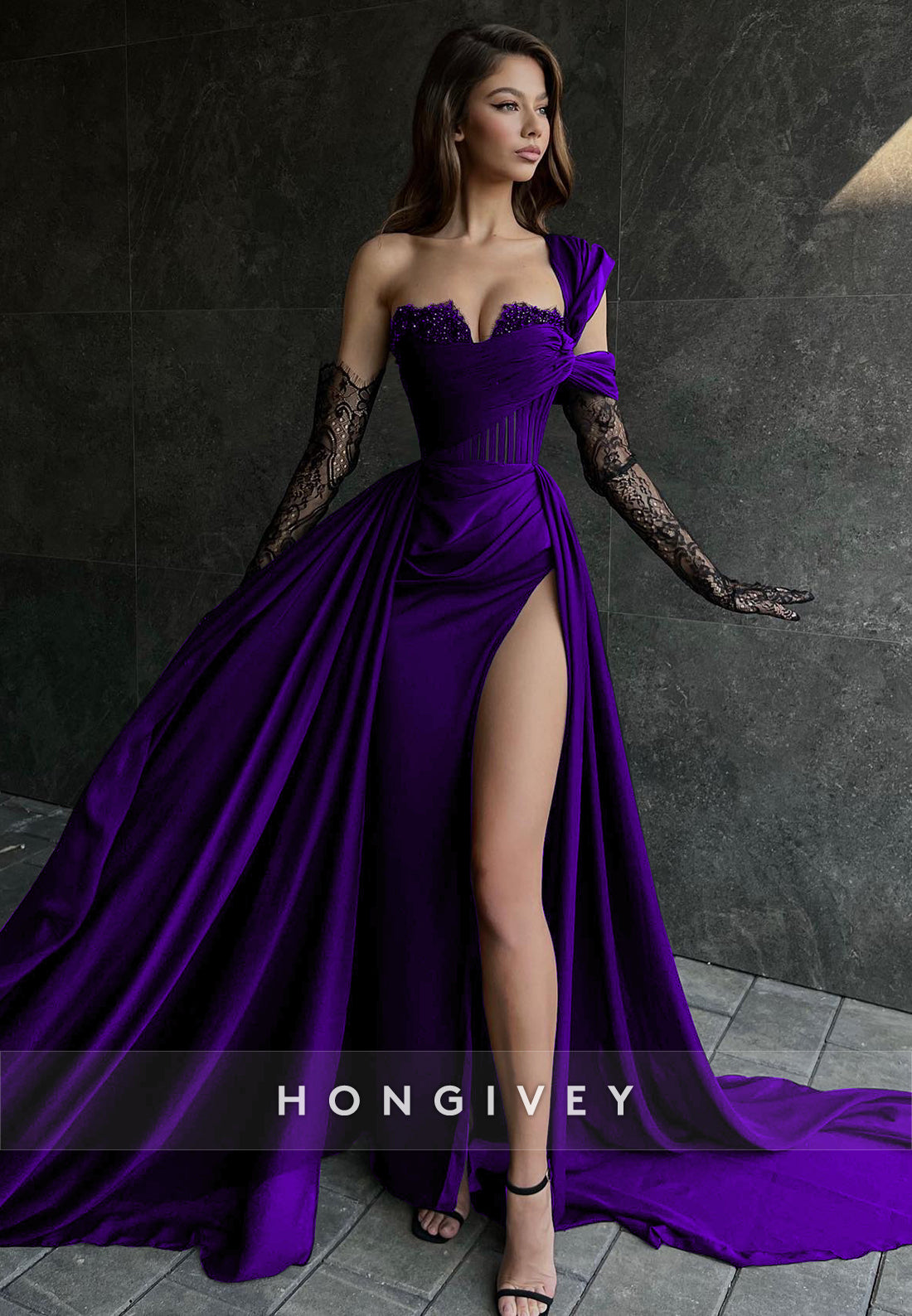 Sexy Illusion Asymmetrical Lace Sleeves With Train and High Slit Party Sexy Illusion Asymmetrical Lace Sleeves With Train and High Slit Party