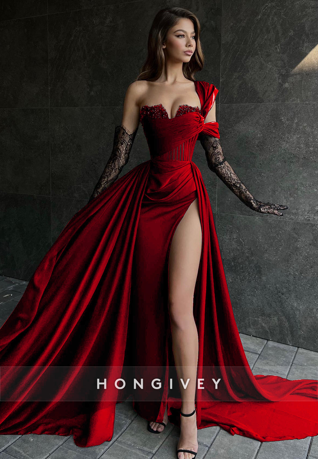 Sexy Illusion Asymmetrical Lace Sleeves With Train and High Slit Party Prom Formal Evening Dress Burgundy