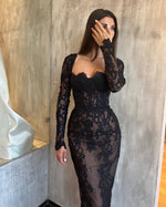 HONGIVEY Black Square Long Sleeves Lace Sheath Evening Dress Formal Party Gown