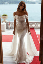Glitter Trumpet Off-Shoulder Empire Pleats Sequined Wedding Dress