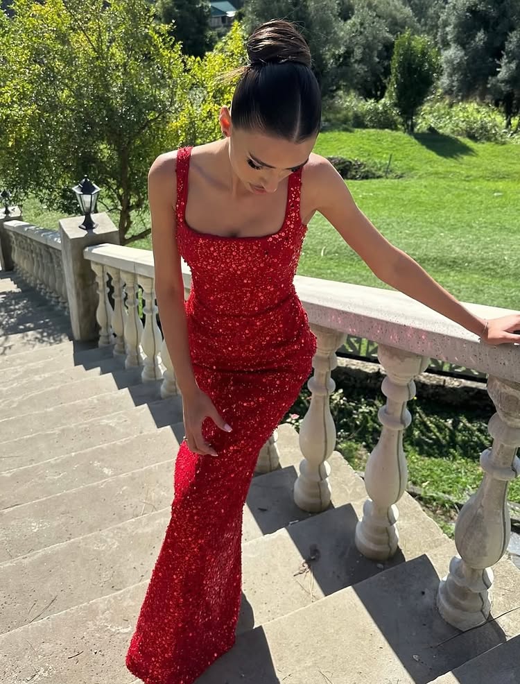 Red Sexy Spaghetti Straps Sequin Sparkle Mermaid Evening Dress