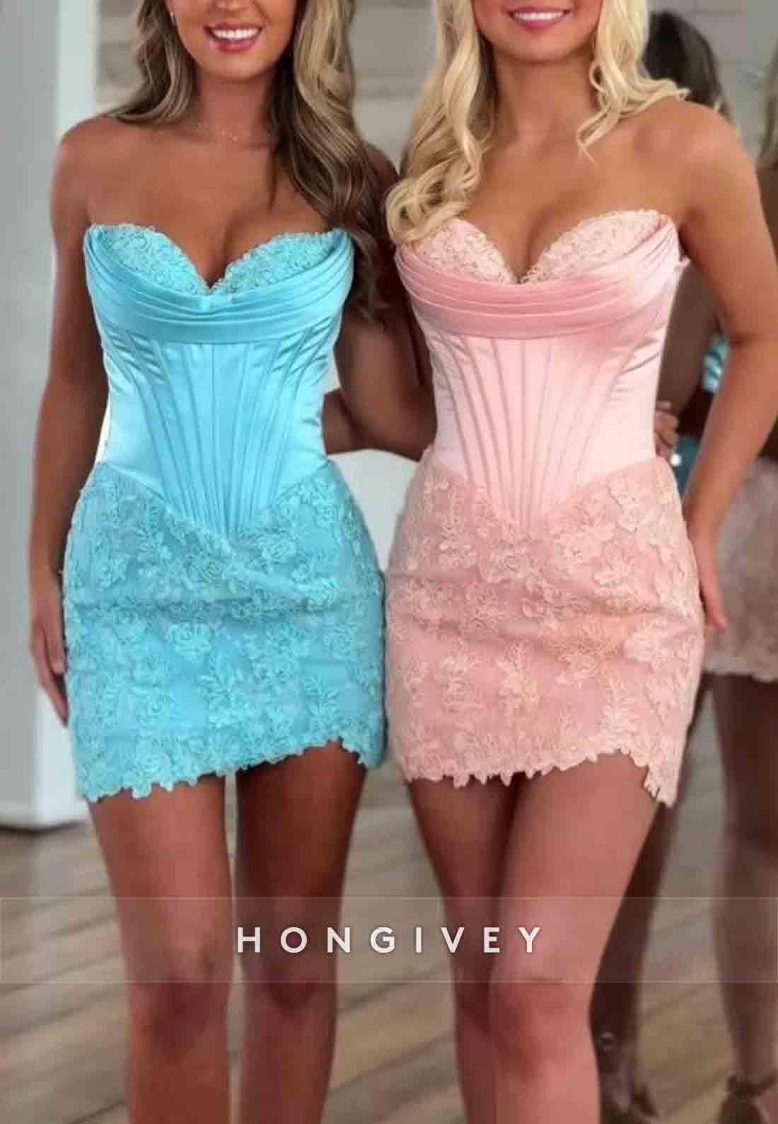 Sweetheart Lace Strapless Sheath Short Homecoming Dresses with Satin Corset