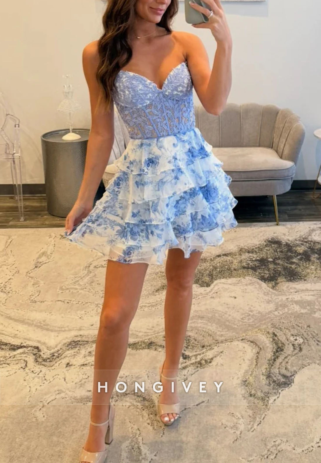 Lace Sweetheart neckline Ruffles Ivory Blue Print Short Homecoming Dress
