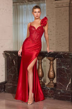 Spaghetti Straps Flowers Applique Sheer Mermaid Side Slit Prom Dress