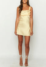 Regular Straps Yellow Square Neck Satin Tie Back Mini Homecoming Dress