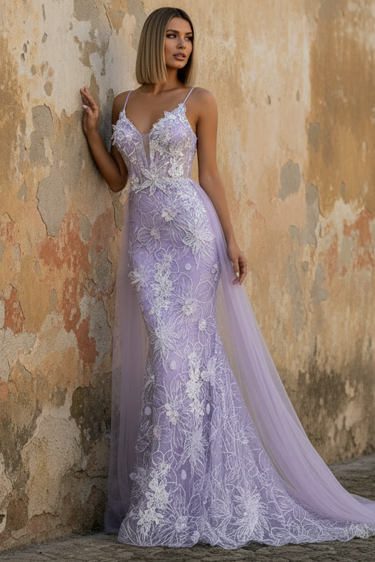 Lavender Floral Embroidered Mermaid Prom Dress with Sheer Bodice rain