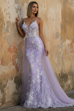 Lavender Floral Embroidered Mermaid Prom Dress with Sheer Bodice rain