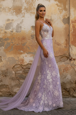 Lavender Floral Embroidered Mermaid Prom Dress with Sheer Bodice rain