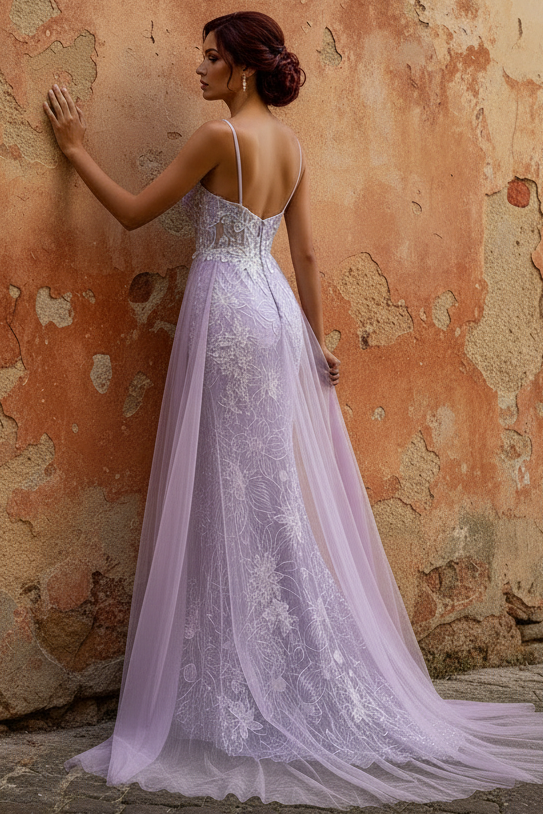 Lavender Floral Embroidered Mermaid Prom Dress with Sheer Bodice rain