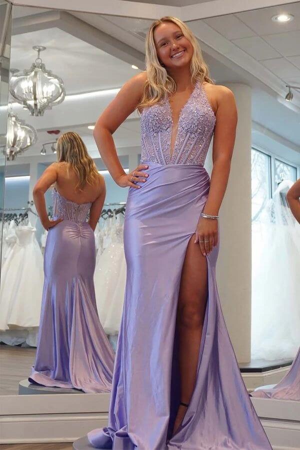 Lavender Sheath Deep V-neck Long Prom Dresses With Lace Appliques