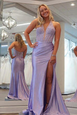 Lavender Sheath Deep V-neck Long Prom Dresses With Lace Appliques