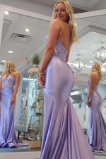 Lavender Sheath Deep V-neck Long Prom Dresses With Lace Appliques