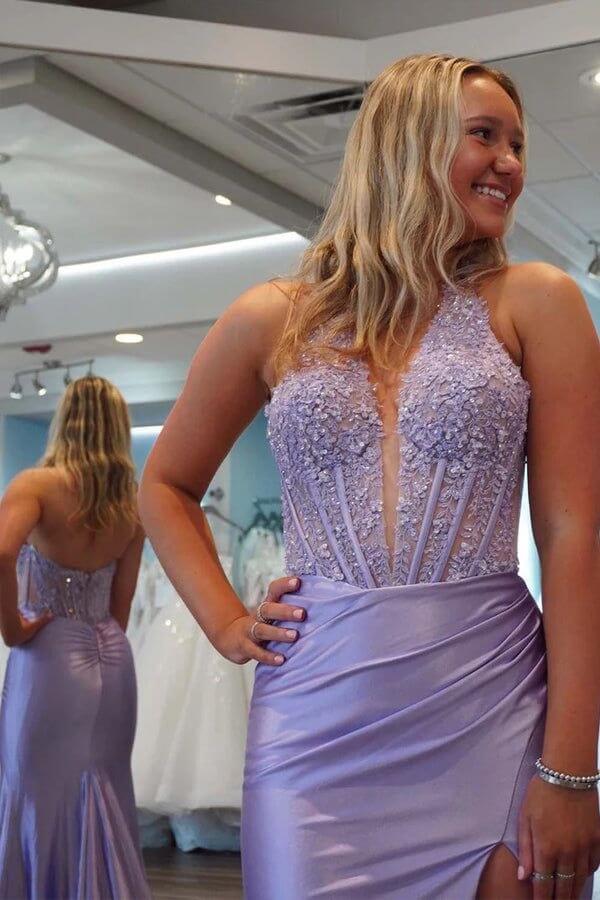Lavender Sheath Deep V-neck Long Prom Dresses With Lace Appliques