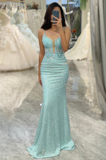 Light Green Prom Dress Mermaid Long Appliqued Evening Dress