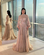 Exquisite High Neck Long Sleeve Beaded Sequins Sparkle A-Line Floor-Length Evening Dress