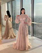 Exquisite High Neck Long Sleeve Beaded Sequins Sparkle A-Line Floor-Length Evening Dress