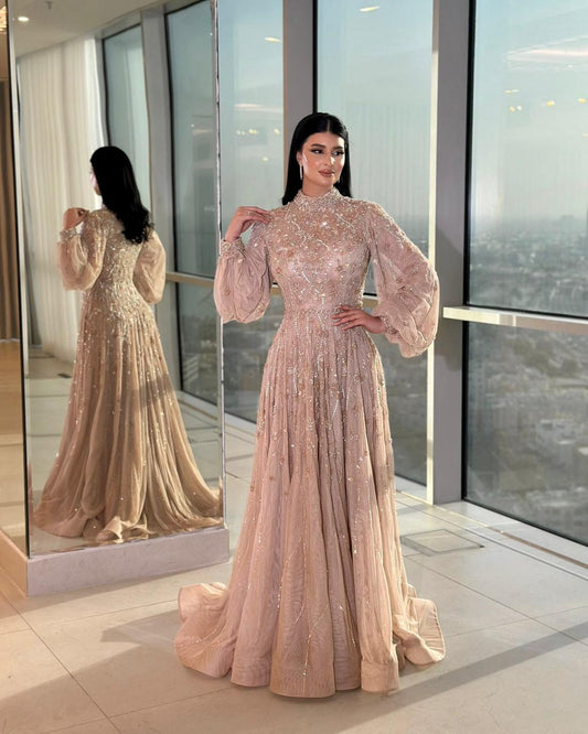 Exquisite High Neck Long Sleeve Beaded Sequins Sparkle A-Line Floor-Length Evening Dress