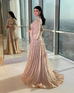 Exquisite High Neck Long Sleeve Beaded Sequins Sparkle A-Line Floor-Length Evening Dress