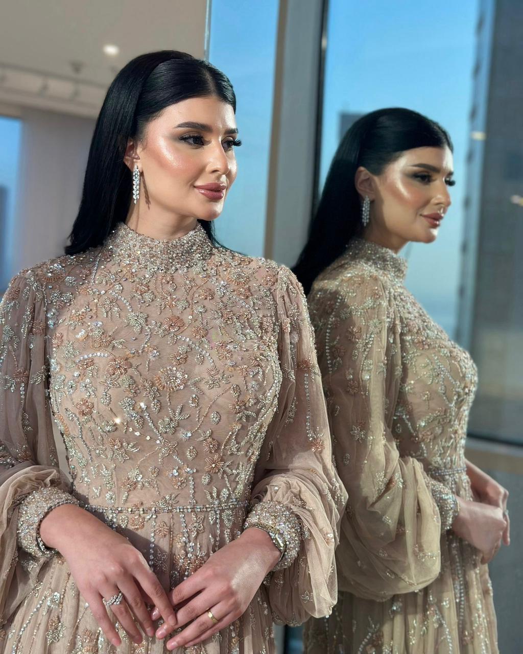 Exquisite High Neck Long Sleeve Beaded Sequins Sparkle A-Line Floor-Length Evening Dress