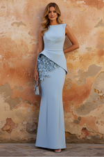 Light Blue 3D Floral Classic Boat Neck Sleeveless Evening Dress