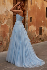Light Blue 3D Floral Ruched Tulle Strapless Sleeveless A-Line Evening Dress