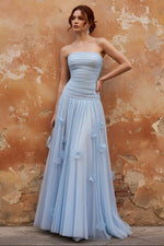 Light Blue 3D Floral Ruched Tulle Strapless Sleeveless A-Line Evening Dress