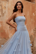 Light Blue 3D Floral Ruched Tulle Strapless Sleeveless A-Line Evening Dress