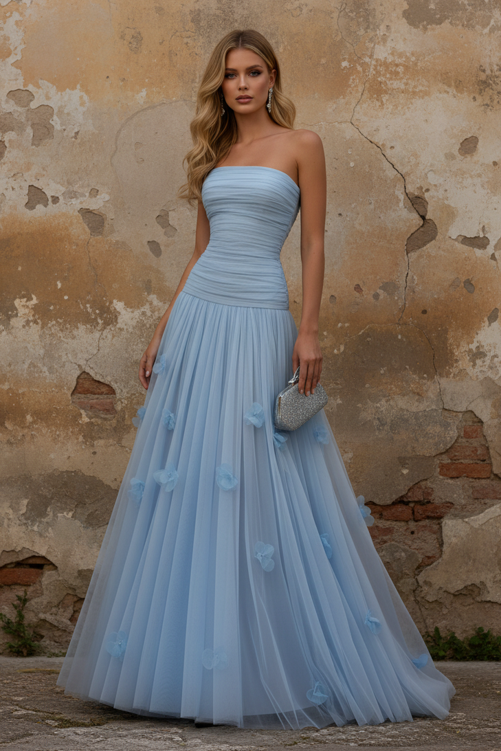 Light Blue 3D Floral Ruched Tulle Strapless Sleeveless A-Line Evening Dress
