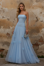 Light Blue 3D Floral Ruched Tulle Strapless Sleeveless A-Line Evening Dress