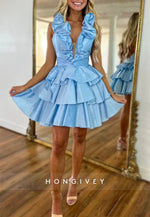 Blue A-Line Halter Neck Short Tiered Homecoming Dress with Ruffles