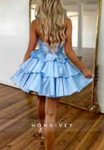Blue A-Line Halter Neck Short Tiered Homecoming Dress with Ruffles