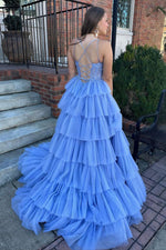 Light Blue A-Line Spaghetti Straps Lace Up Long Tiered Tulle Prom Dress